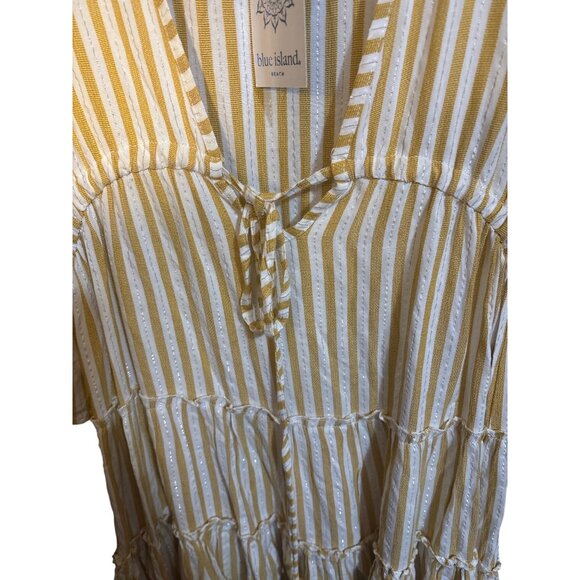 Blue Island Yellow & White Striped Mini Dress With V-Neck & Flowy Sleeves Tiered - Picture 2 of 4